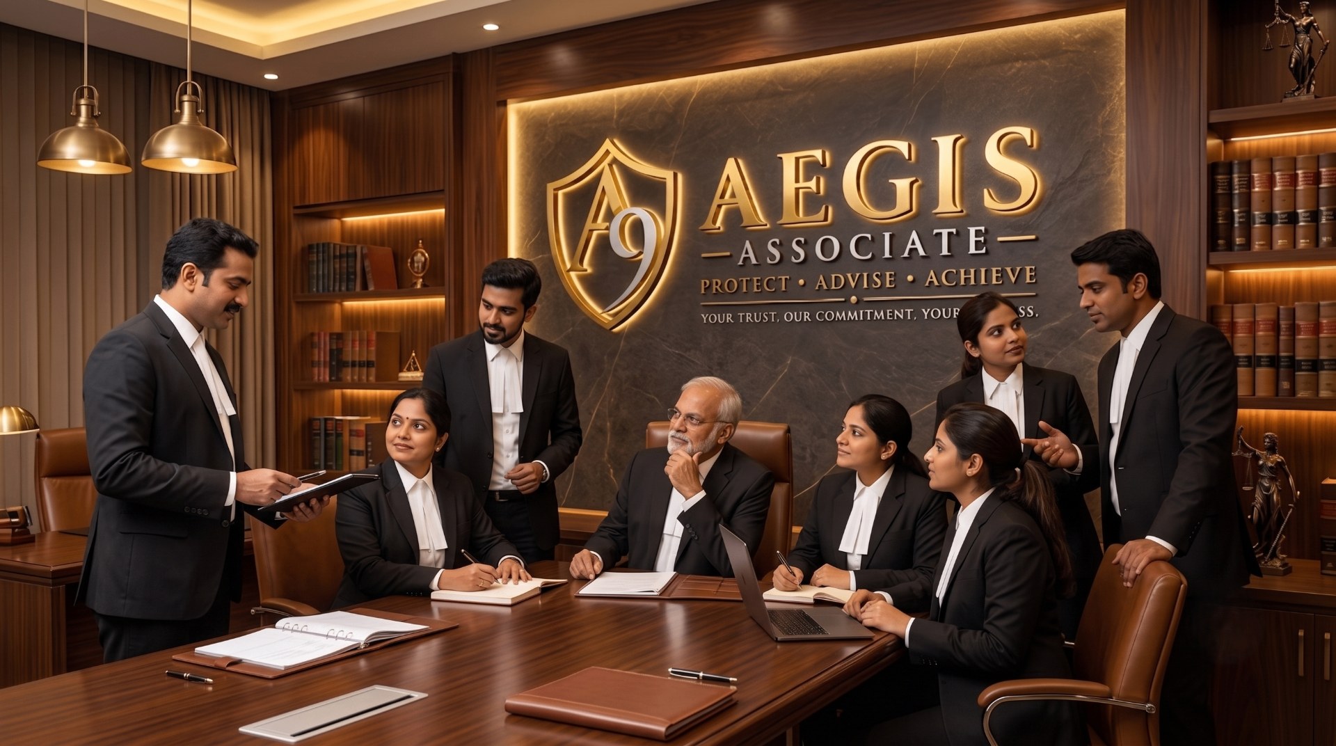 Diverse team of Aegis Associate lawyers collaborating in the firm's chambers
